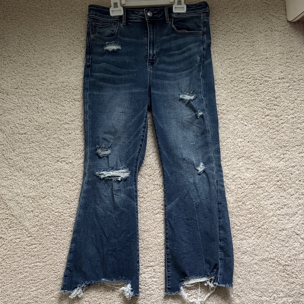 American Eagle Dark Blue Distressed Cropped Flare Jeans